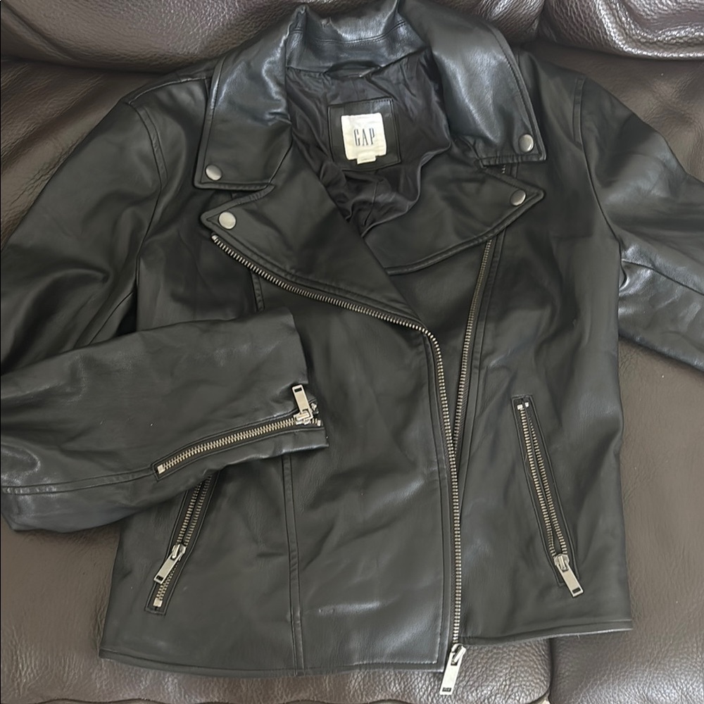 GAP Black Leather Moto Jacket with Asymmetrical Zipper